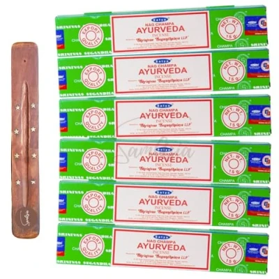Image of Satya Nag Champa Ayurveda incense sticks x6 pack with SAMASIA holder Used for Aromatherapy, Spa, Yoga, Weddings, Meditation, Healing, Positivity and Relaxation