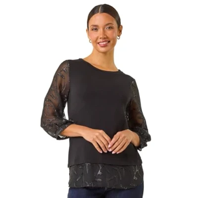 Image of Roman Originals Textured Floral Contrast Top for Women UK Ladies Everyday Autumn Winter Round Neckline Comfy Soft Evening Vacation Work Party Night Out Black Size 12