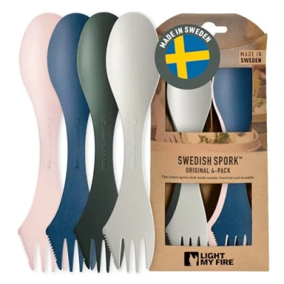 Image of Light my Fire Spork Original 3 in 1 Camping Cutlery Knife Fork Spoon Set Survival Gifts for Scouts Accessories Sporks Reusable Travel 4 Pack Meadow