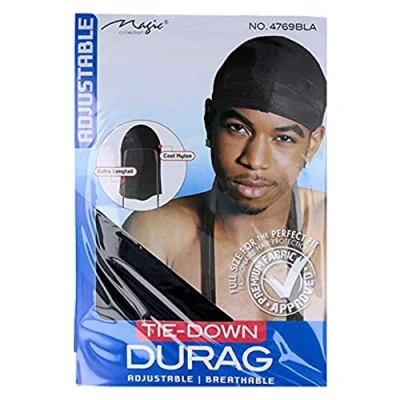 Image of Black Adjustable, Breathable Tie down Du Rag