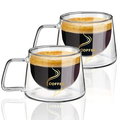 Image of KAMEUN Double Walled Coffee Cups 200ML, Set of 2 with Handle, Handmade Insulated Borosilicate Glass, Dishwasher Safe &amp; Heat Resistant, Ideal for Clear Mug Hot and Cold Drinks