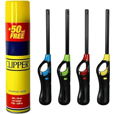 Image of ANGIX 4 x BBQ Lighters with 1 Clipper Gas, Universal Refill Fluid for Lighters, Refillable Safety Gas Fire Kitchen, Barbecue, Candles, Camping, Cookers, BBQs &amp; Fireworks (Assorted Colors)