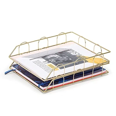 Image of Exerz Letter Trays 2pcs Stackable Paper Sorter/Desk Organiser/File Holder Wire Metal Golden Colour