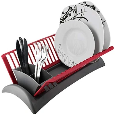 Image of GEEZY Compact Space Saving Plastic Dish Drainer Draining Rack With Drip Tray &amp; Adjustable Cutlery Section