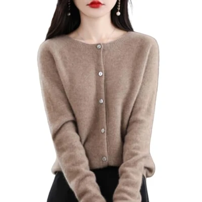 Image of Women&#039;s Cashmere Cardigan Sweater,Wool Crew Neck Button Down Long Sleeve Sweater,Soft Warm Knit Elastic Jumpers (Camel,Large)