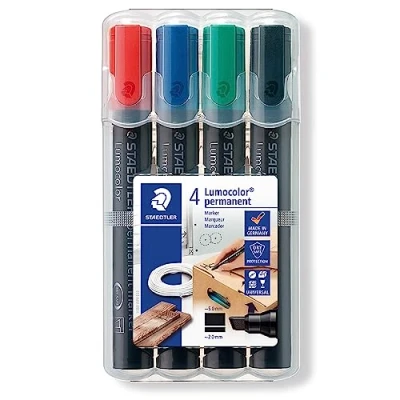 Image of STAEDTLER 350 WP4 Lumocolor Permanent Marker, Chisel Tip 2 5mm Line Width Assorted Colours (Pack of 4)