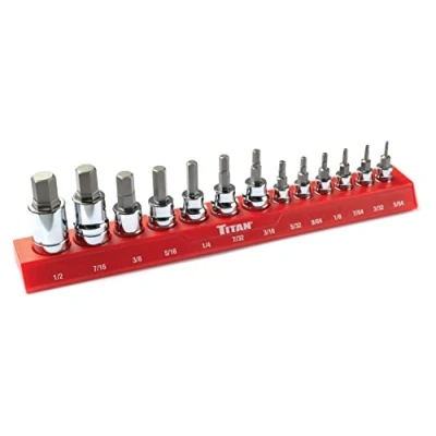 Image of Titan 85530 13 Piece SAE Hex Bit Socket Set, Magnetic Organizer with Laser Etched Size Markings,Black