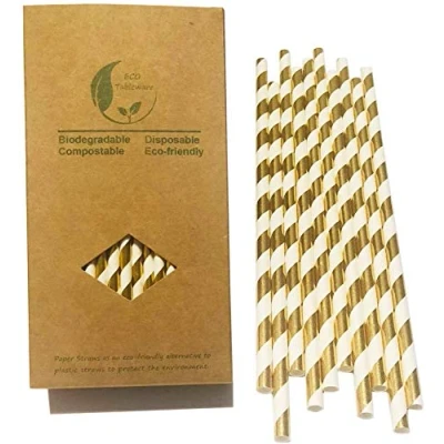 Image of YiYi Nature Daily Shining Gold Striped Paper Straws, 100 Percent Biodegradable Decorate Premium Cocktails Straws for Drinking, Juice, Smoothie Packed (YY 406)