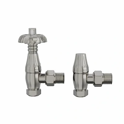 Image of NRG Traditional Antique Angled Central Heating Radiator Valve 15mm Thermostatic Lockshield Valves Satin Nickel