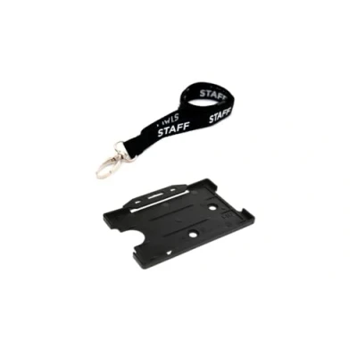 Image of Staff Neck Strap Lanyard with Safety Breakaway 15mm Wide Black Metal Clip &amp; Badge Pass ID Card Holder for Credit Size 86x54mm Cards Passes Work, Office, NHS, Teachers, Schools (1)