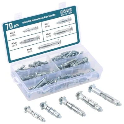 Image of HSEAMALL 70 Sets Wall Anchors Plugs,Heavy Duty Metal Anchors,Plasterboard Cavity Hollow Fixing M4*38mm, M5*37mm, M5*52mm, M6*52mm, M6*65mm