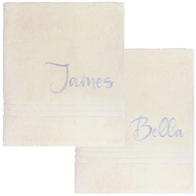Image of Personalised His &amp; Hers Cream Silver Bath Towels Gift Set