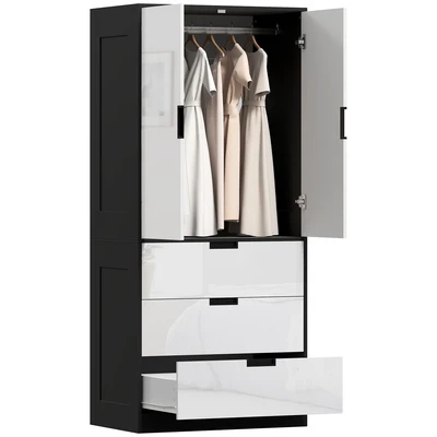 Image of HOMCOM 3 Drawer 2 Door Wardrobe, Modern Clothes Storage Cupboard Unit with Hanging Rod, Bedroom Wardrobe Soft Closing Hinge, 50D x 80W 180Hcm, High Gloss White