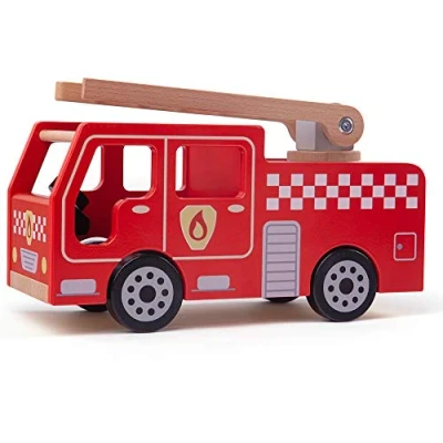 Image of Bigjigs Toys City Wooden Fire Engine Toy with Swivel Ladder, Kids Emergency Vehicle for Ages 3 Years +, Quality Pretend Play