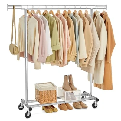 Image of SONGMICS Clothes Rack on Wheels, Heavy Duty Rail, with Extendable Hanging 90 kg Load Capacity, Easy Assembly, Portable, Silver HSR13S
