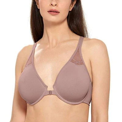 Image of Delimira Women&#039;s Front Fastening Bras Underwire Non Padded Plunge Racer Back Comfort Plus Size Bra Mochaccino 42DD