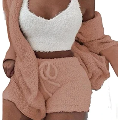 Image of DIVAND Women&#039;s Winter Plush Home Wear Casual 3 Piece Pajamas Long Sleeved Fluffy Hooded Jacket with Open Front Coat &amp; Shorts Vest Suit Fashion Keep Warm Clothes,Orange,M