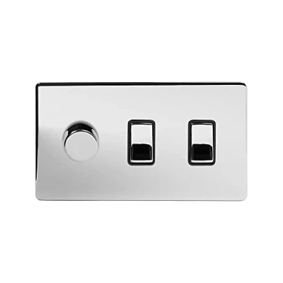 Image of Soho Lighting Polished Chrome 3 Gang Light Switch with 1 dimmer (2X 2 Way &amp; Trailing Dimmer) Blk Ins Screwless