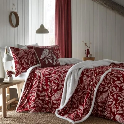 Image of Dreams &amp; Drapes Red Owl Teddy Fleece Duvet Cover Double Bedding Size (200 x 200cm) Soft Cosy Woodland Burgundy with Woodland/Forest Animals