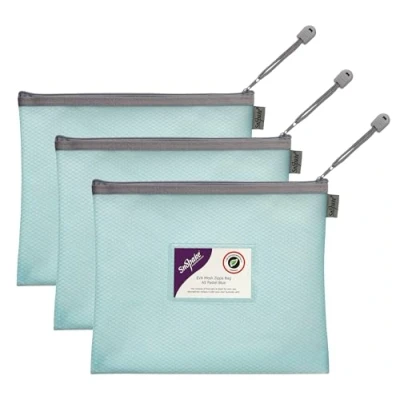 Image of Snopake A5 High Capacity Pastel Blue EVA Mesh Zippa Bag [Pack of 3] 240 x 130mm Heavy Duty with Hanging Loop and Business Card Holder [15901]