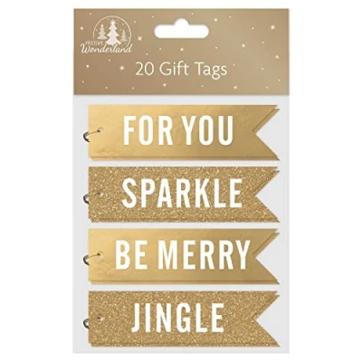 Image of Tallon Festive Wonderland Flag Shaped Christmas Tags, Gold Text Pack of 20