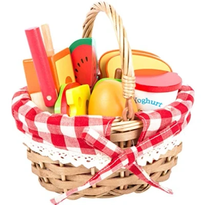 Image of Small Foot 11282 Picnic Basket with Cuttable Wooden Fruit, play store accessories, role playing toys for kids aged 3+