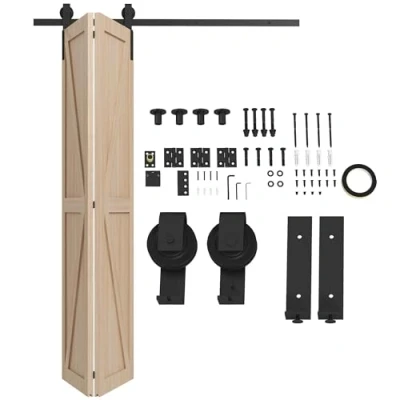 Image of HOMCOM 5FT/152.5CM Bi Folding Sliding Barn Door Hardware Track Kit, Heavy Duty Kit for 2 Doors with J Shape Hanger