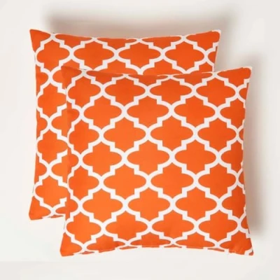 Image of HOMESCAPES Set of 2 Filled Orange Geometric Outdoor Cushions 45 x cm Water Resistant Garden Cushion Microfibre Insert Included Decorative Nola for Seating Patio Sofas &amp; Benches