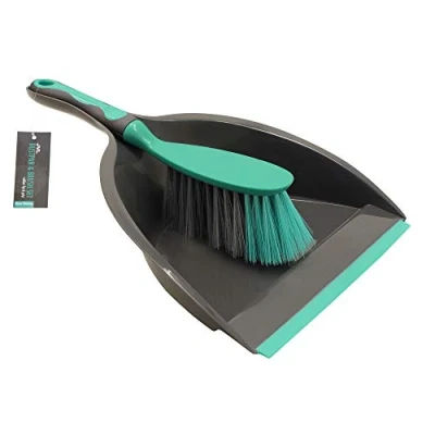 Image of JVL 20 039GY Rubber Grip Dustpan and Bristle Brush Set, Grey/Turquoise