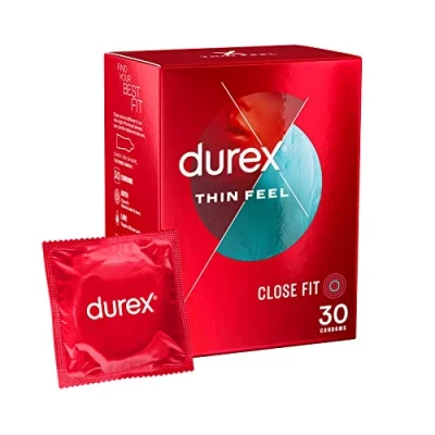 Image of Durex Thin Feel Condoms, Close Fit, 30s, Secure, Tighter, Natural Latex, with Silicone Lube, Easy On Shape