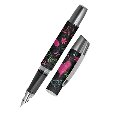 Image of Ergonomic fountain pen for school/college ONLINE Campus Be Happy solid medium nib, soft grip part, standard ink cartridges, refillable, ideal beginners/pupils/students