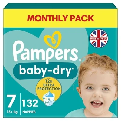 Image of Pampers Baby Dry Size 7, 132 Nappies, 15kg+, Monthly Pack, Up to a 100% Leak Free Night