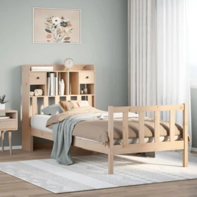 Image of vidaXL Bookcase Bed without Mattress Home Base 90x200 cm Solid Pine Wood with Ample Storage &amp; Headboard Brown