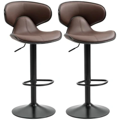Image of HOMCOM Adjustable Swivel Bar Stools Set of 2, Barstools with Footrest and Backrest, Steel Frame Gas Lift, for Kitchen Counter Dining Room, Brown