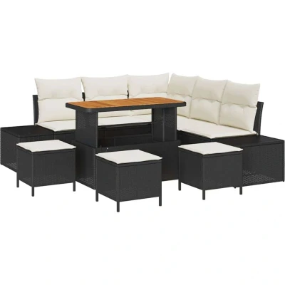 Image of vidaXL 9 Piece Garden Sofa Set with Cushions Black Poly Rattan Acacia