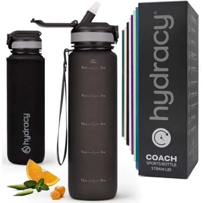 Image of Hydracy Water Bottle with Times to Drink &amp; Straw Large 1 Litre BPA Free Motivational No Sweat Sleeve Leak Proof Gym Time Marker Ideal for Fitness, Sports Outdoors