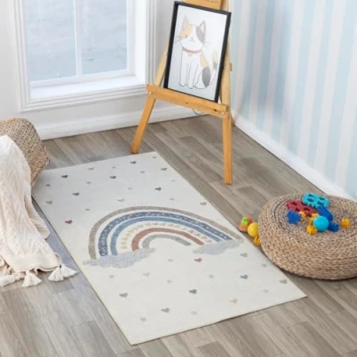 Image of Livabliss Rainbow Washable Kids Rug Childrens for Bedroom 80x150 cm, Machine Girls &amp; Boys Rug, Playroom Nursery Rugs Girl or Boy Room Baby Carpet, Cream