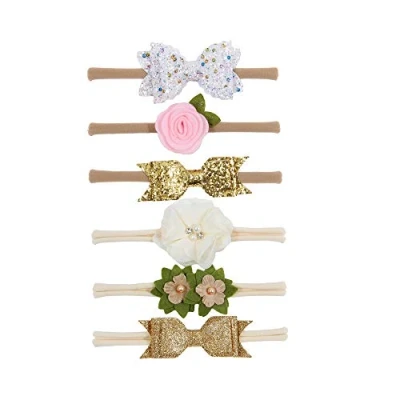 Image of Nishine Baby Girls Nylon Headbands and Bows Toddler Glitter Bowknot Hairbands Newborn Hair Accessories Gift Party Shower Normal
