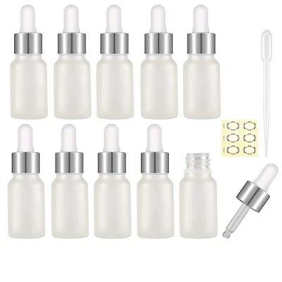 Image of Alledomain 10Pcs, 5Ml Frosted Glass Bottles with Dropper Pipettes, Mini Empty Silver Metal Cap Refillable Sample Container for Essential Oil/Aromatherapy Blends/Chemical Liquid