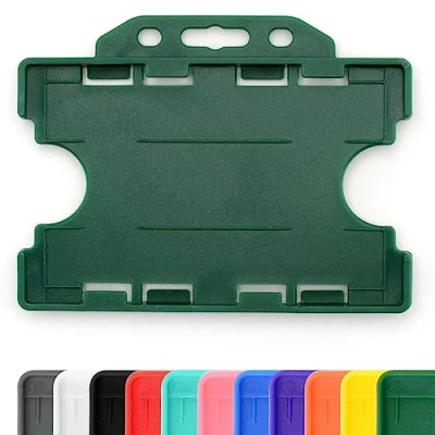 Image of CKB LTD 100x Twin Green Double Sided Rigid Slide in Open Faced ID Card Badge Holders Horizontal Landscape Dual Identity Plastic Pass Protector Holds Two Cards 86mm 54mm cr80 Credit Sized