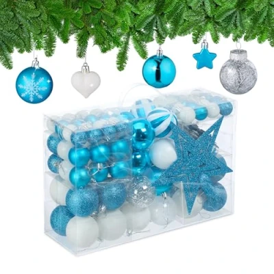 Image of Relaxdays Christmas Baubles Set of 101, Glittering, Tree Decorations, Spheres &amp; Spikes, Plastic, Traditional, Petrol, 19 x 20 2.5 cm