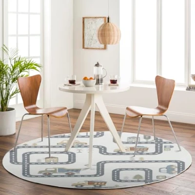 Image of Livabliss Road Track Washable Kids Rug Childrens for Bedroom 160x160 cm, Machine Girls &amp; Boys Rug, Playroom Nursery Rugs Girl or Boy Room Baby Carpet Cream