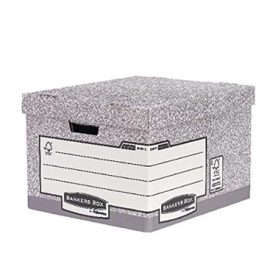Image of BANKERS Box 10 System Heavy Duty Large Storage with Lids Cardboard for Office Archive Boxes Handles W38 x H28.7 D43cm (Pack of 10) Grey