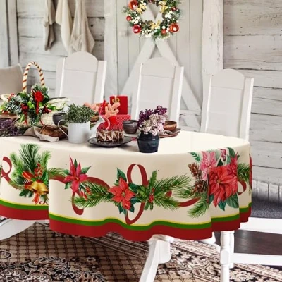 Image of Yighty Oval Christmas Tablecloth,Poinsettia Holly Pine Cone Table Cloth,Polyester Waterproof Wrinkle Resistant Durable Tablecloth for Holidays,Kitchen,Winter and Home Decor