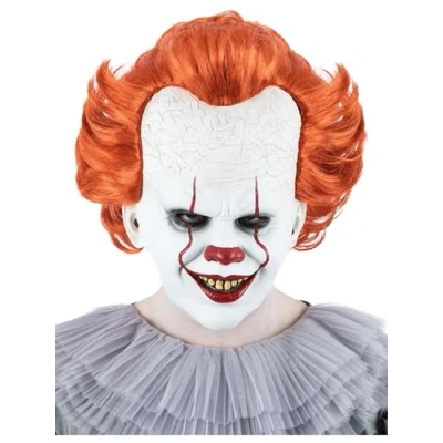 Image of Smiffys IT Chapter Two Pennywise Mask for Adults, Full Head Latex with Hair, White and Orange, Officially Licensed, Ideal Halloween Themed Fancy Dress Parties