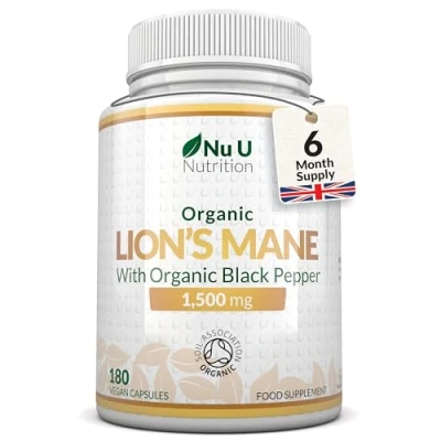 Image of Organic Lions Mane Supplement 1500mg 180 High Strength Vegan Capsules 6 Month Supply Lion’s Mushroom with Black Pepper Made in The UK Nu U Nutrition