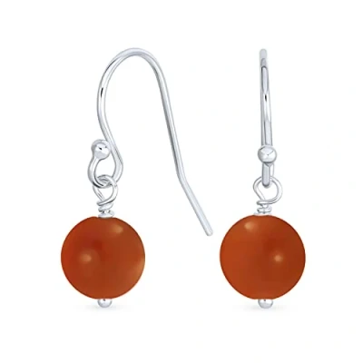 Image of Simple Plain Gemstone Dyed Red Natural Carnelian Ball Round Drop Dangle Earrings For Women.925 Sterling Silver