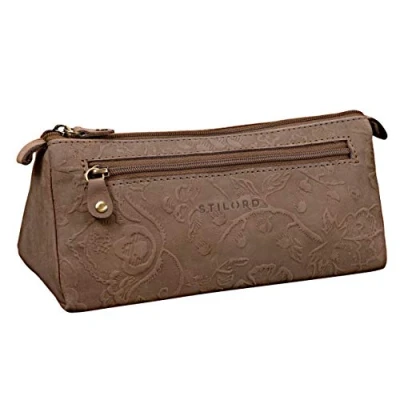 Image of STILORD &#039;Alexis&#039; Leather Pencil Pouch Vintage Pen Case Holder with Zipper for Women Men School Office in Genuine Leather, Colour:Natural Brown