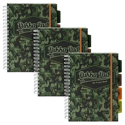 Image of Pukka Pad, Camo Knit 5 Subject Double Spiral Bound B5 Project Book with 4 Dividers 80GSM Paper 8mm lines and Micro Perforated Margins 3 Pack, 7 X 10 (9756 CAM)