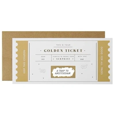 Image of CJ&amp;M The Golden Ticket Scratch &amp; reveal Surprise ticket, Card, holiday, gift reveal,